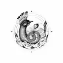 harbour and mountains backdrop with bass clef cymbol, native bird, flowers, sheet music tattoo design idea