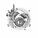 harbour and mountains backdrop with bass clef cymbol, native bird, flowers, sheet music tattoo design idea