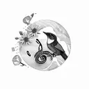 harbour and mountains backdrop with bass clef cymbol, native bird, flowers, sheet music tattoo design idea