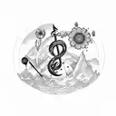 harbour and mountains backdrop with bass clef cymbol, native bird, flowers, sheet music tattoo design idea