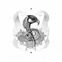 harbour and mountains backdrop with bass clef cymbol, native bird, flowers, sheet music tattoo design idea