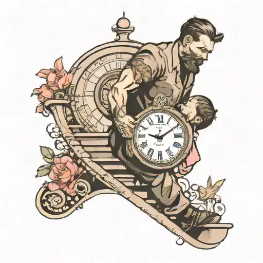 man holding a baby girl walking up on stairs towards a clock tattoo design idea