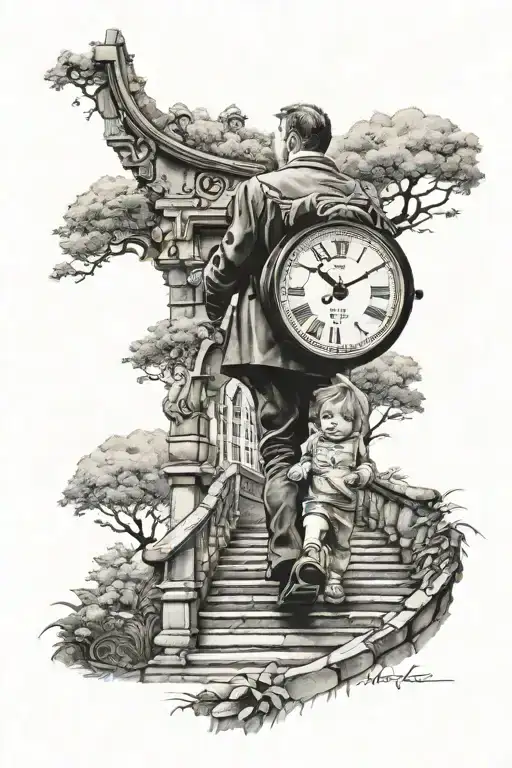 man holding a baby girl walking up on stairs towards a clock tattoo design idea
