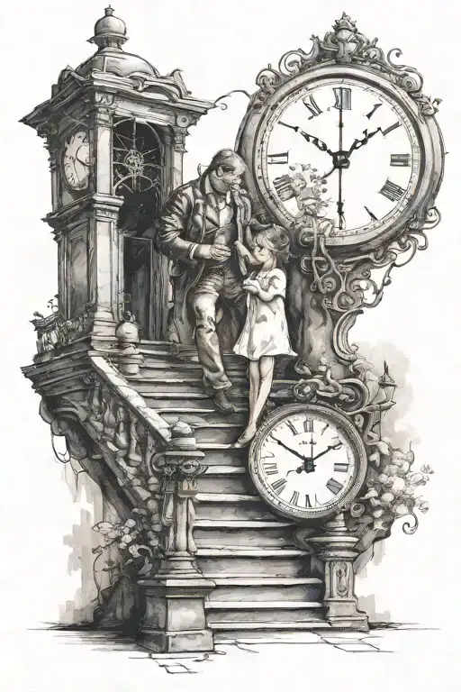 man holding a baby girl walking up on stairs towards a clock tattoo design idea