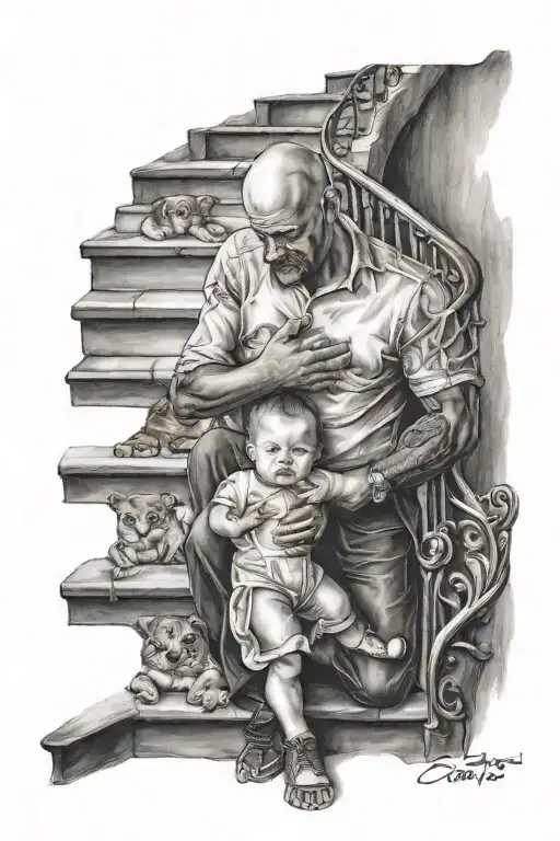 man holding a baby girl walking up on stairs  tattoo design idea