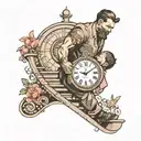 man holding a baby girl walking up on stairs towards a clock tattoo design idea