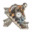 man holding a baby girl walking up on stairs towards a clock tattoo design idea