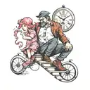 man holding a baby girl walking up on stairs towards a clock tattoo design idea