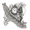 man holding a baby girl walking up on stairs towards a clock tattoo design idea