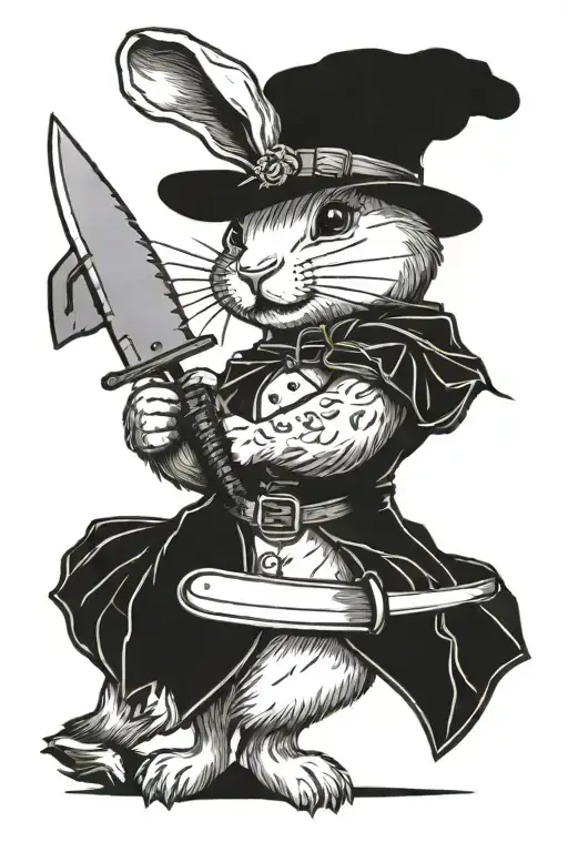 cute rabbit holding meat cleaver, also with dagger stuck in back tattoo design idea