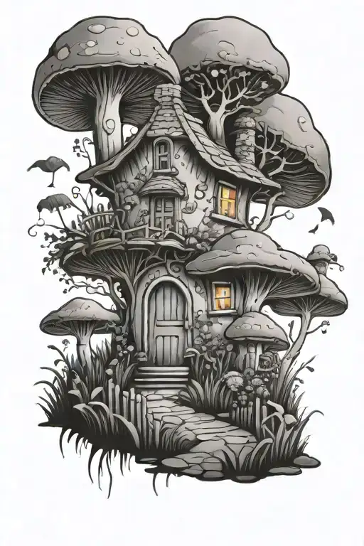 mushroom cottage with a garden and walkway . tattoo design idea
