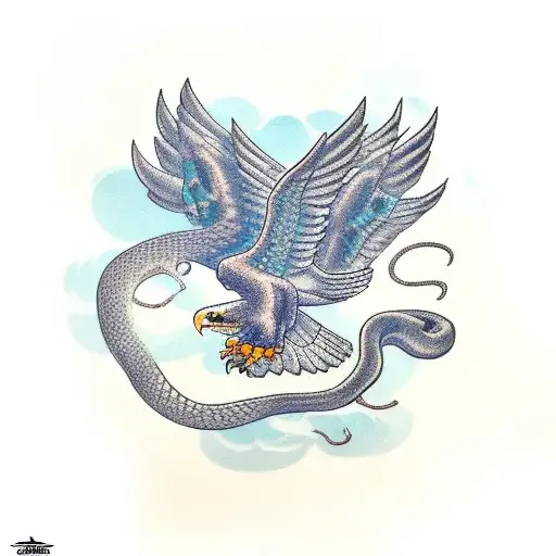 A flying eagle holding a snake in its paws. The snake is looking at the eagle. tattoo design idea