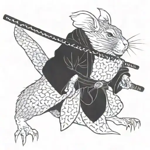aggressive rat samurai in a kimono and an axe on the end of his tail tattoo design idea