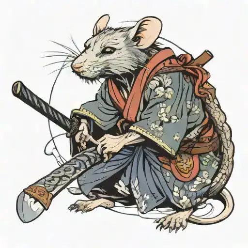 aggressive rat samurai in a kimono and an axe on the end of his tail tattoo design idea
