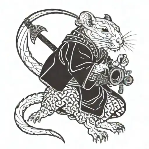aggressive rat samurai in a kimono and an axe on the end of his tail tattoo design idea