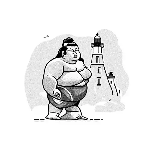 a sumo wrestler sat in a rose garden with a lighthouse in the distance  tattoo design idea