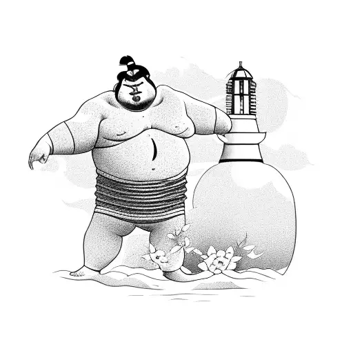 a sumo wrestler sat in a rose garden with a lighthouse in the distance  tattoo design idea