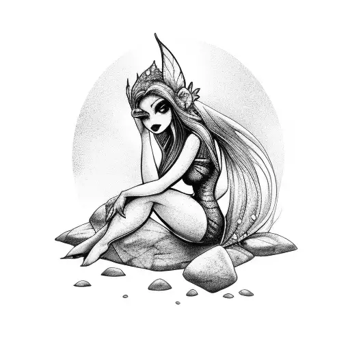 dark fairy sitting on a rock with moonlight reflection  tattoo design idea