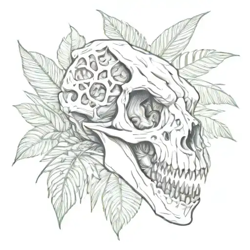 dinosaur skull surrounded by leaves and palms tattoo design idea