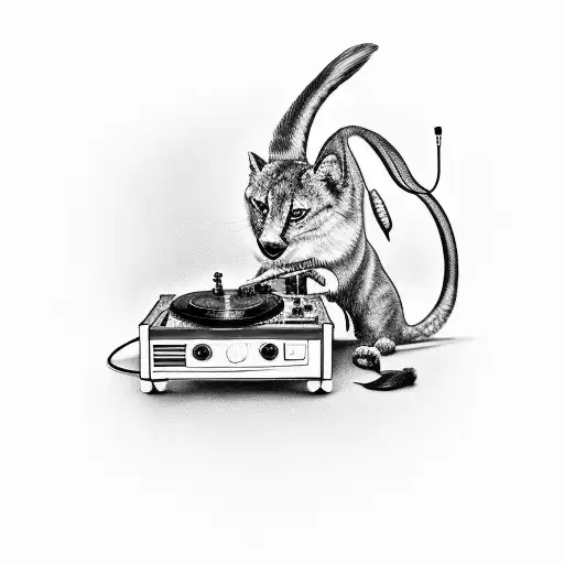 A black-grey tattoo portraying a family of animals gathered around a record player, symbolizing the importance of music in family bonding tattoo design idea