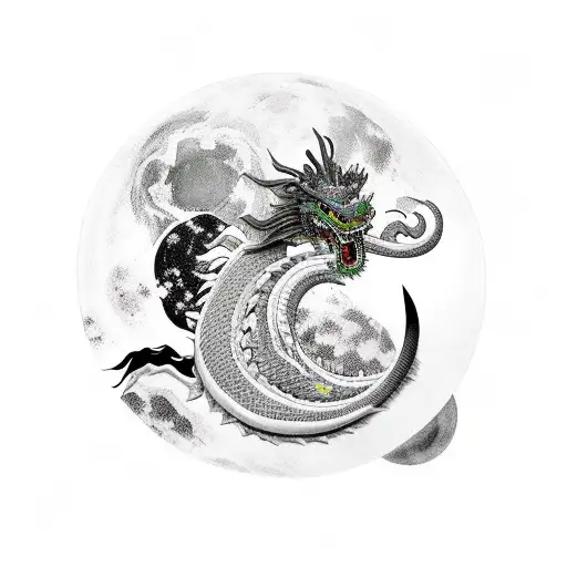 Samurai looking at a japanese dragon in a distance surrounding a moon tattoo design idea