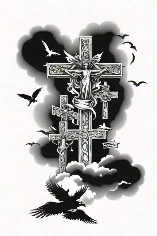 Three crosses with clouds as shading and crows around it as well as a statue of an angel holding the ten commandments  tattoo design idea