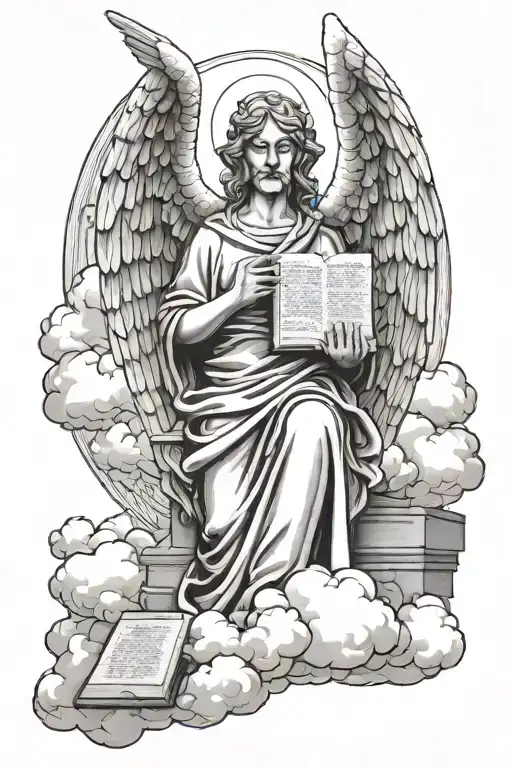 angel statue holding the ten commandments tablets with clouds as shading  tattoo design idea