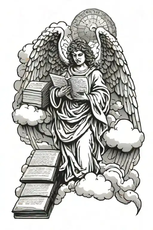 angel statue holding the ten commandments tablets with clouds as shading  tattoo design idea