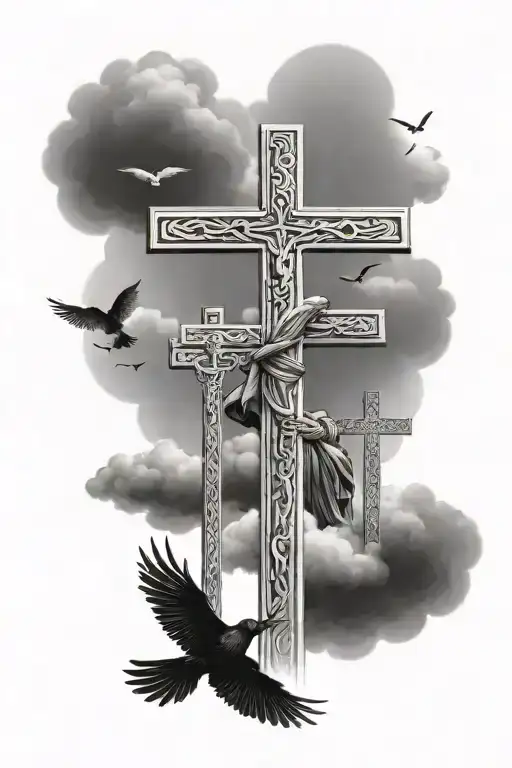 Three crosses with clouds as shading and crows around it as well as a statue of an angel holding the ten commandments  tattoo design idea