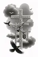 Three crosses with clouds as shading and crows around it as well as a statue of an angel holding the ten commandments  tattoo design idea