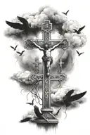 Three crosses with clouds as shading and crows around it as well as a statue of an angel holding the ten commandments  tattoo design idea