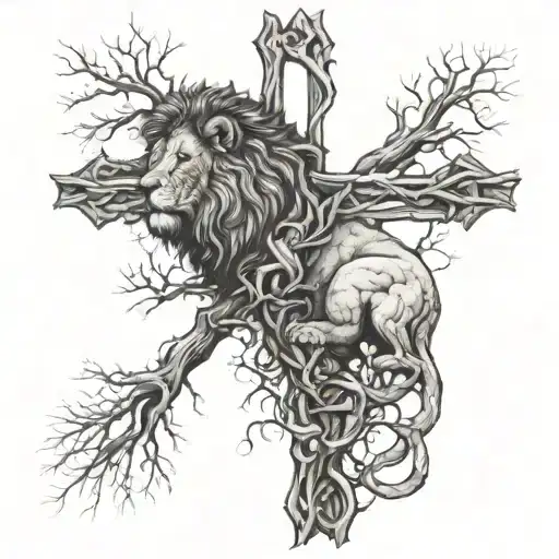 A cross made of tree roots with a lion resting peacefully underneath, representing faith in nature tattoo design idea