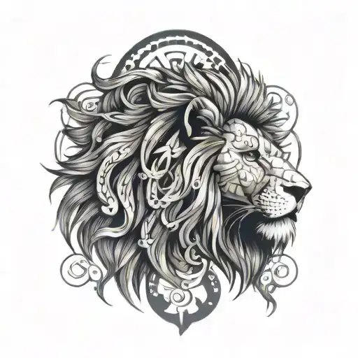 A powerful lion with a mane made of intricate cross patterns, representing faith and courage tattoo design idea