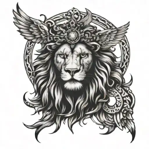 mens masculine lion with a halo and wings, representing faith and strength with old rugged christian cross tattoo design idea