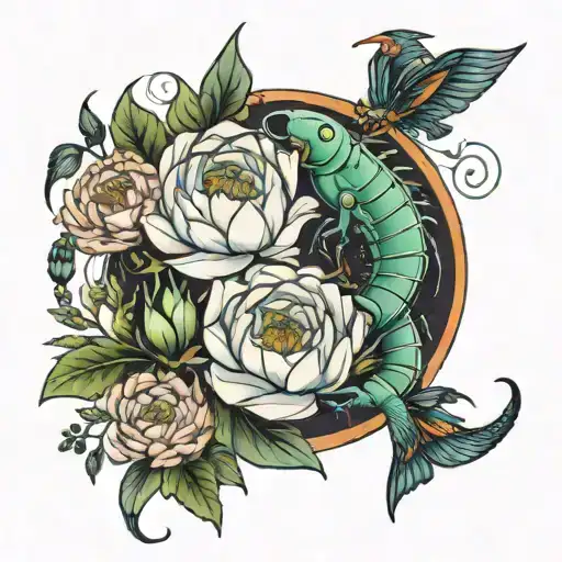 scorpio and virgo with flowers aster and peony flowers tattoo design idea