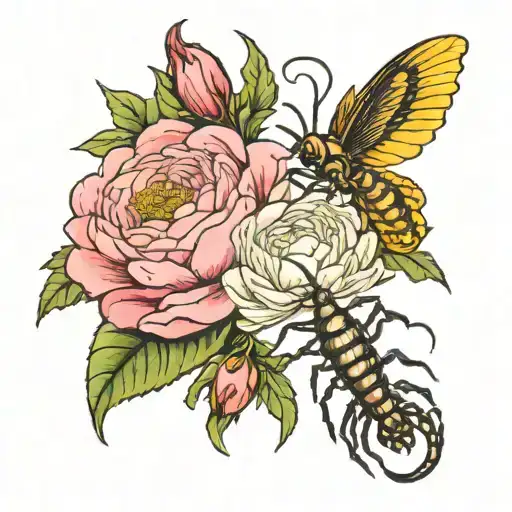 scorpio and virgo with flowers aster and peony flowers tattoo design idea