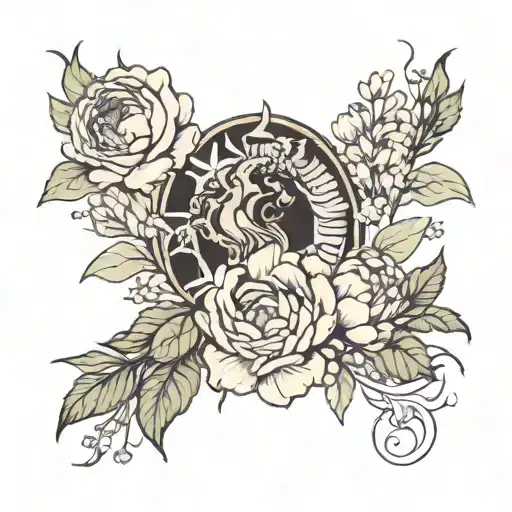 virgo and scorpio with flower aster and peony flowers tattoo design idea