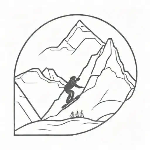 A minimalist design of a snow-covered mountain range with a lone snowboarder carving down the slopes tattoo design idea