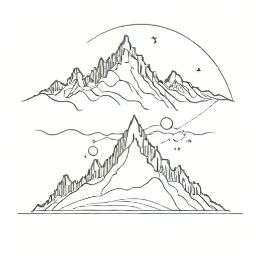 A fine line tattoo of three big snow-covered mountain peak with a snowboarder in the foreground. with a NewZealand theme tattoo design idea