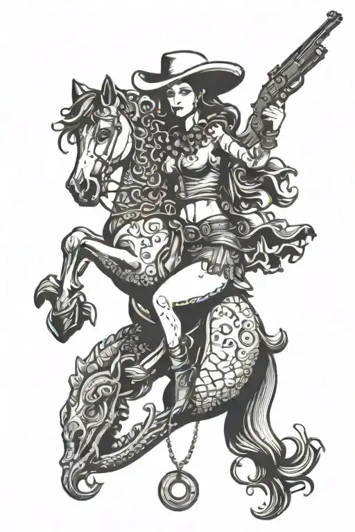 cowgirl mermaid riding a sea horse shooting a revolver  tattoo design idea