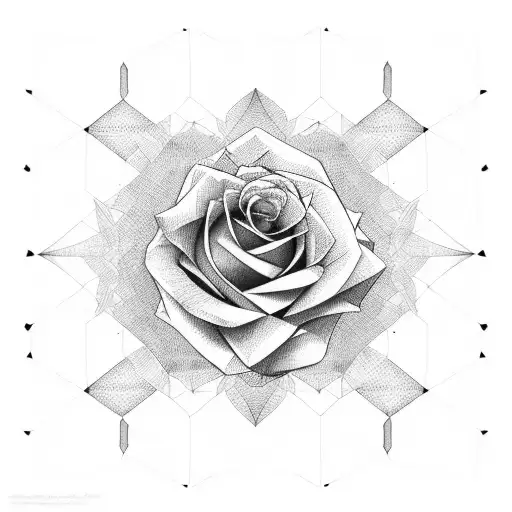 rose overlaid on top of a honeycomb with geometric lines above and below tattoo design idea
