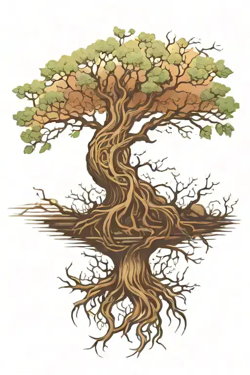 An intricate tree of life design with roots reaching into a flowing river, representing your connection to nature and water tattoo design idea