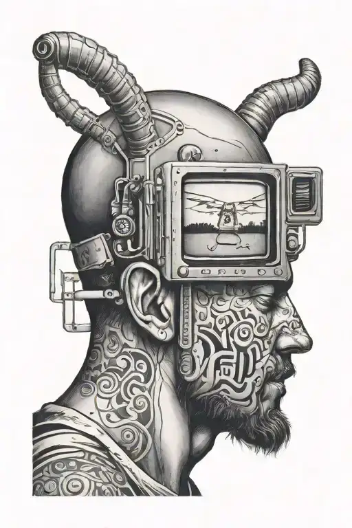 man with static tv screen for head  tattoo design idea