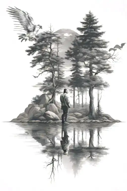 man standing on shore of a lake reflecting tattoo design idea