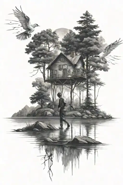 person staning on a lake surrounded tattoo design idea