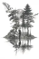 man standing on shore of a lake reflecting tattoo design idea