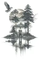man standing on shore of a lake reflecting tattoo design idea