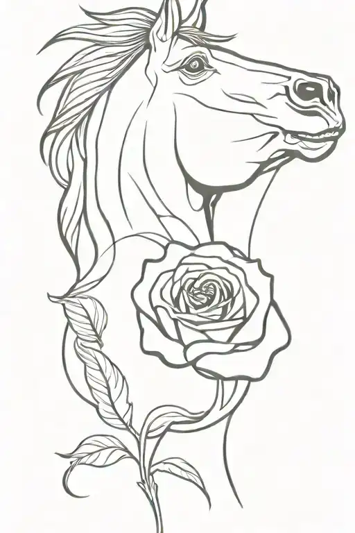 horse head holding a rose in its mouth tattoo design idea