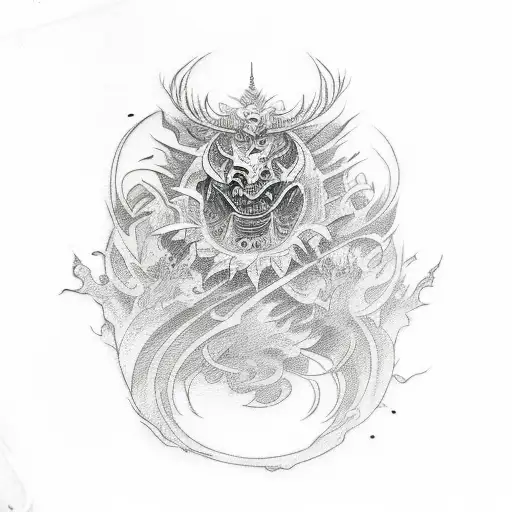 A sketch-style tattoo design depicting a fusion of Chinese and Japanese horror elements tattoo design idea