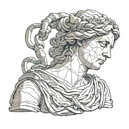 bust of Cassandra of Troy with cracks in it, snakes intertwined in its arms  tattoo design idea